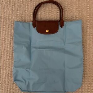 Longchamp Le Pliage Baby Blue Tote Bag with Brown Accents